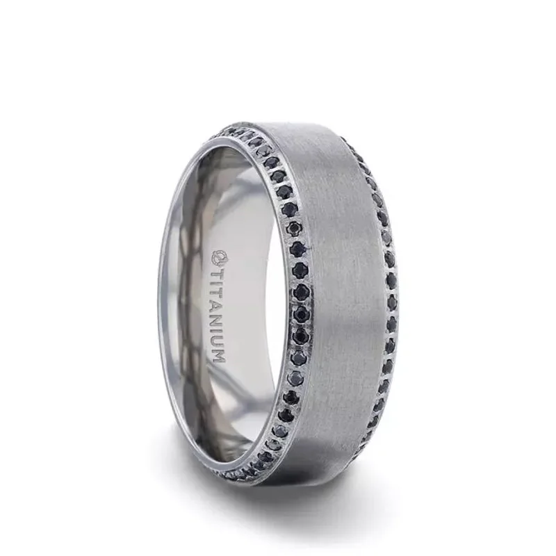 Thorsten CHAMPION Flat Brushed Center Titanium Men's Wedding Band with Black Sapphire Polished Beveled Edges - 8mm