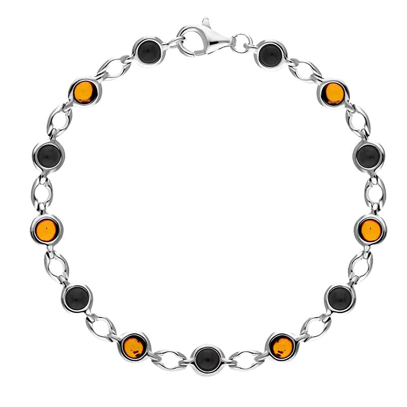 Sterling Silver Whitby Jet Amber Round Stone Link Bracelet