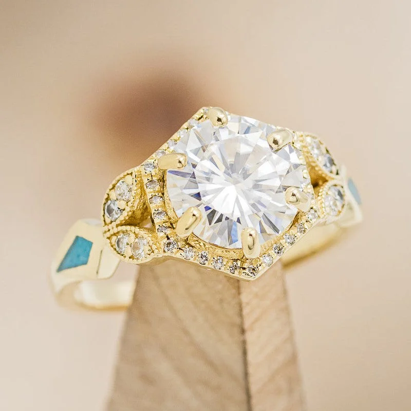 "LUCY IN THE SKY" - ROUND CUT MOISSANITE ENGAGEMENT RING WITH DIAMOND HALO & TURQUOISE INLAYS