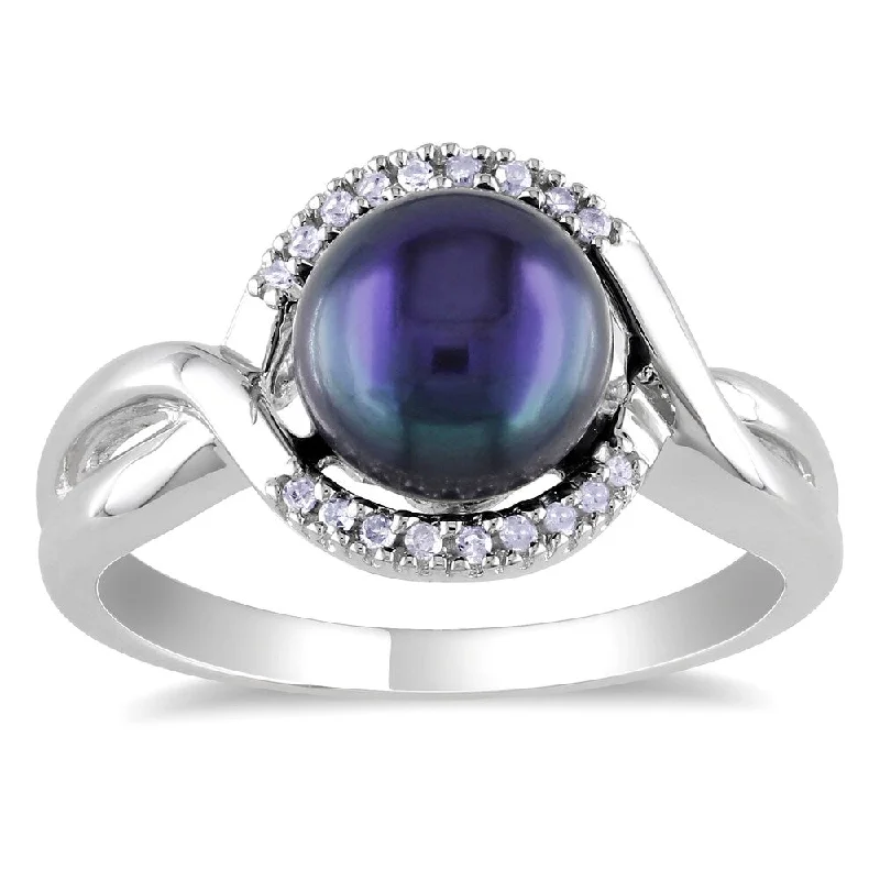 Miadora Sterling Silver Culltured Freshwater Black Pearl and Diamond Ring