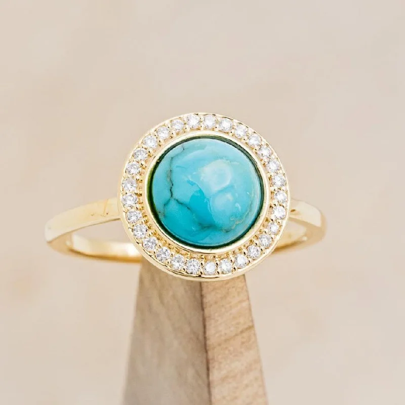 "TERRA" - ROUND CABOCHON CUT TURQUOISE ENGAGEMENT RING WITH DIAMOND HALO