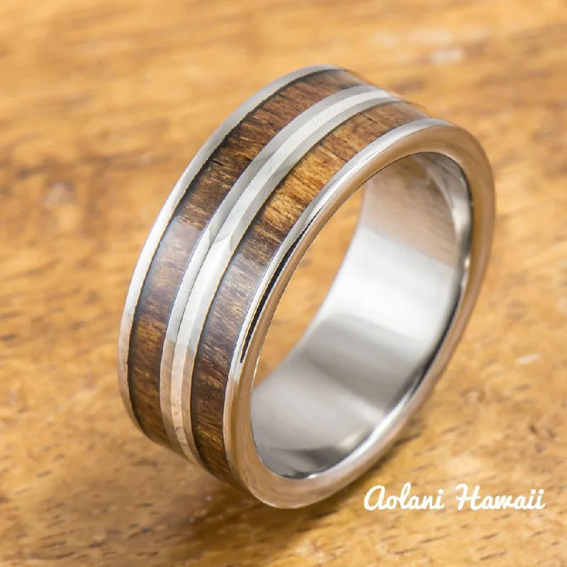 Titanium Ring with Koa Wood and Silver Line Inlay (8mm width, Flat Style)