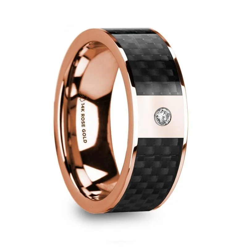 HERMEROS Black Carbon Fiber Inlaid 14k Rose Gold Polished Ring with Diamond Accent