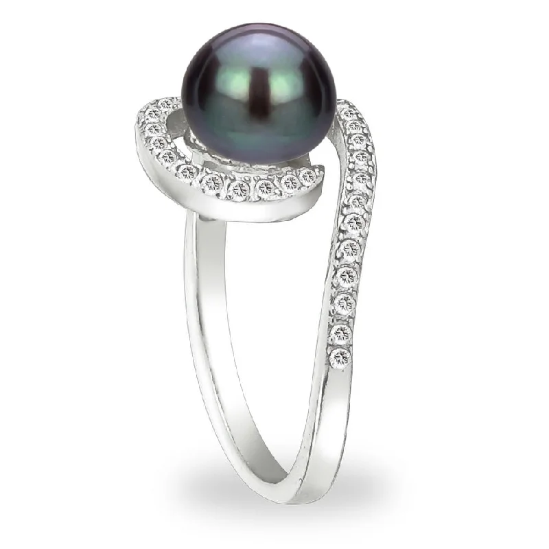 DaVonna Sterling Silver 7-8 mm Black Freshwater Pearl and White Topaz Spiral Ring