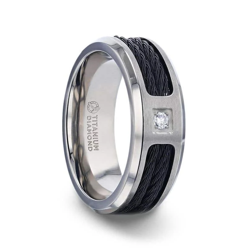 Thorsten SECTOR Black Rope Cables Inlaid Brushed Finish Titanium Men's Wedding Ring with Diamond Centered And Beveled Polished Edges - 8mm