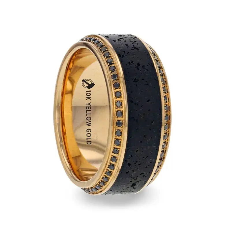 HYPERION Lava Inlaid 10K Yellow Gold Wedding Ring Polished Beveled Edges Set with Round Black Diamonds