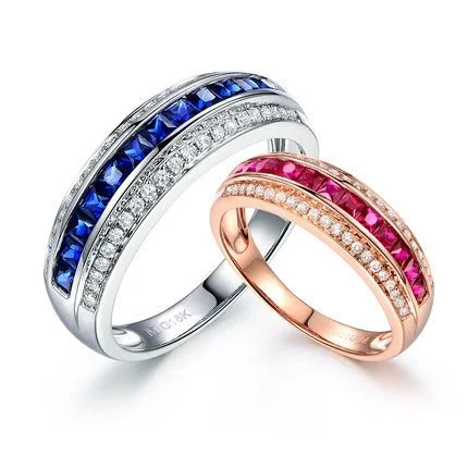 Ruby Sapphire Diamond Railway Couple Birthstone Band 18K Gold