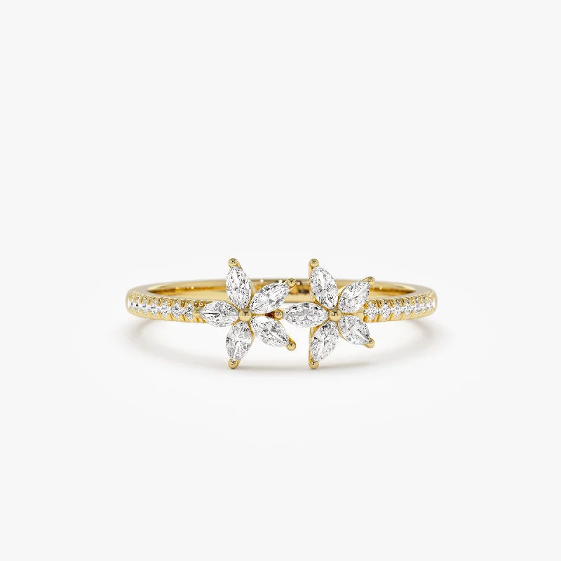 14k Marquise Shaped Diamond Flower Design Statement Ring