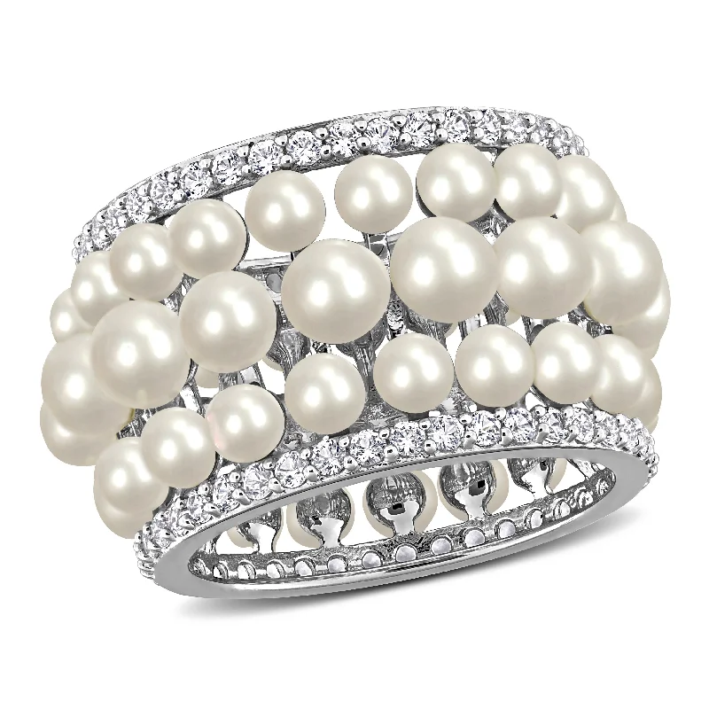 Miadora White Cultured Freshwater Pearl and 1-3/5ct TGW Created White Sapphire Multi-row Ring in Sterling Silver