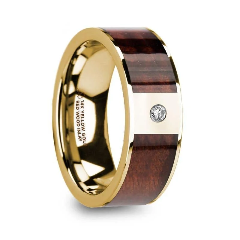 Thorsten PHOCAS 14k Yellow Gold Men’s Polished Wedding Band with Red Wood Inlay & Diamond - 8mm