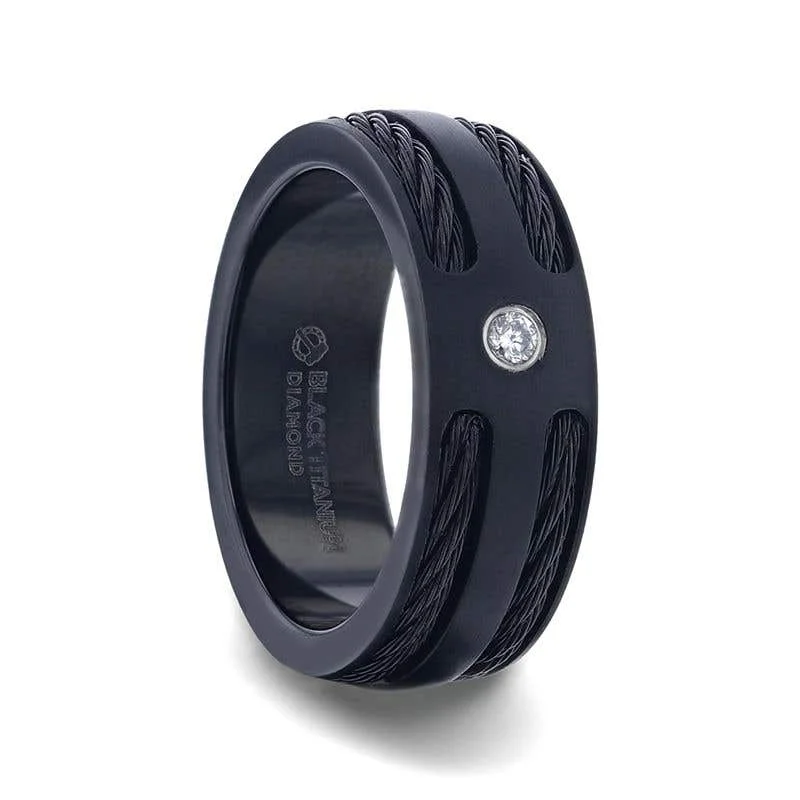 Thorsten NOIR Double Black Rope Inlaid Brushed Matte Black Titanium Men's Wedding Band With Black Edge Channel Setting And White Diamond In The Center - 8mm