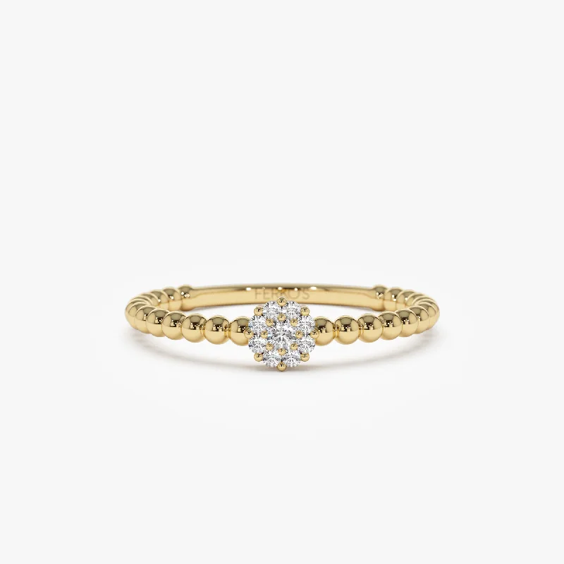 14K Gold Beaded Floral Diamond Ring