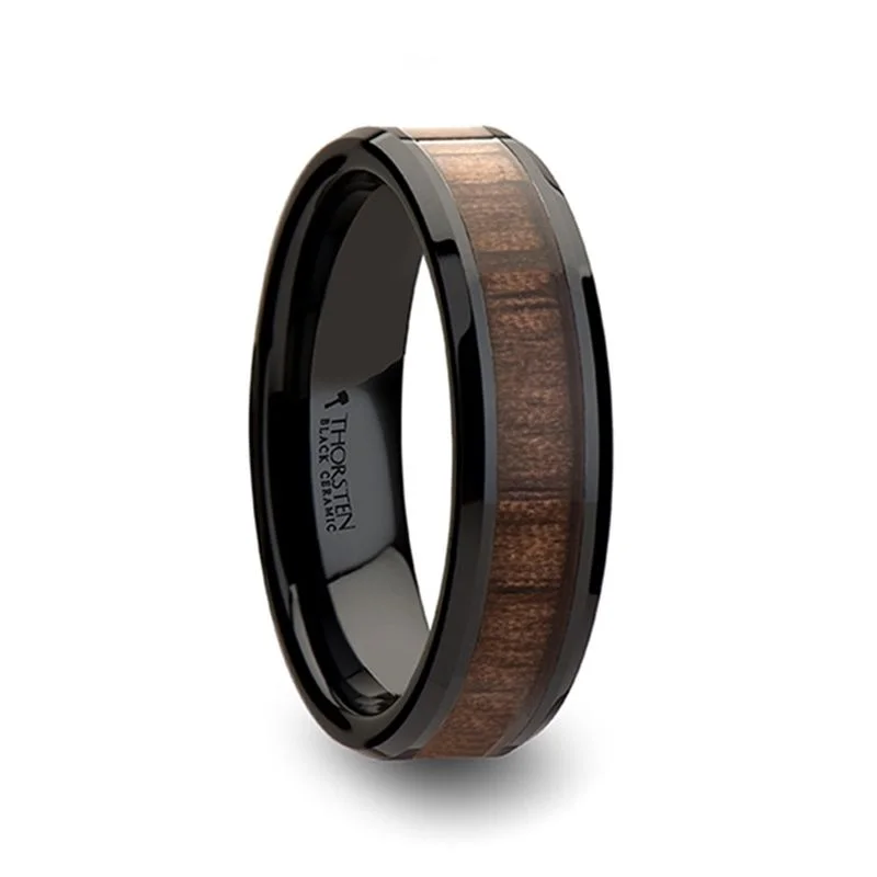 YUKON Beveled Black Ceramic Ring with Black Walnut Wood Inlay