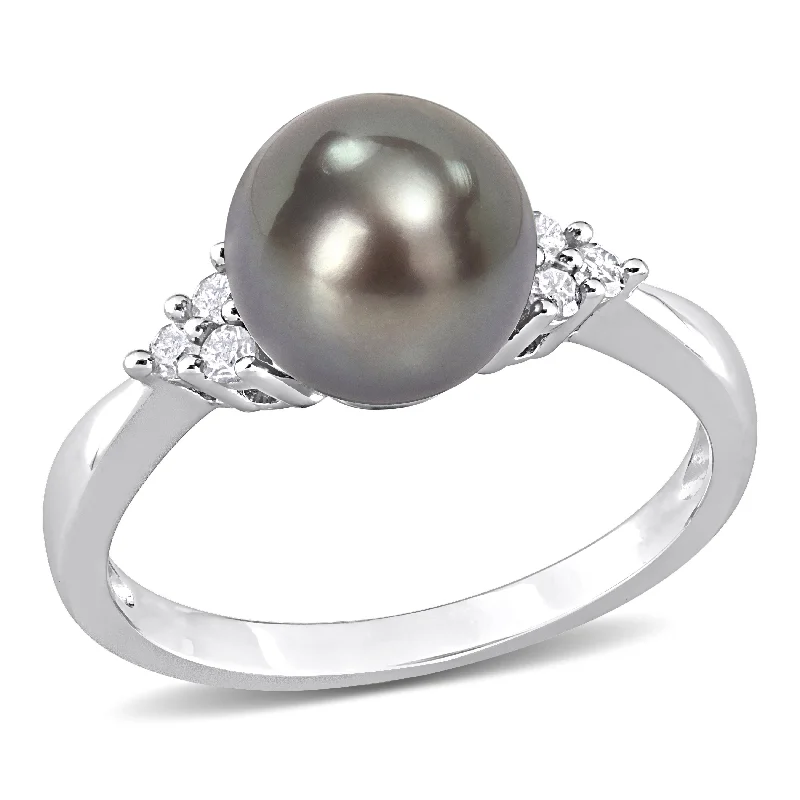 Miadora 8-8.5mm Black Tahitian Pearl and 1/8ct TDW Diamond Ring in Sterling Silver