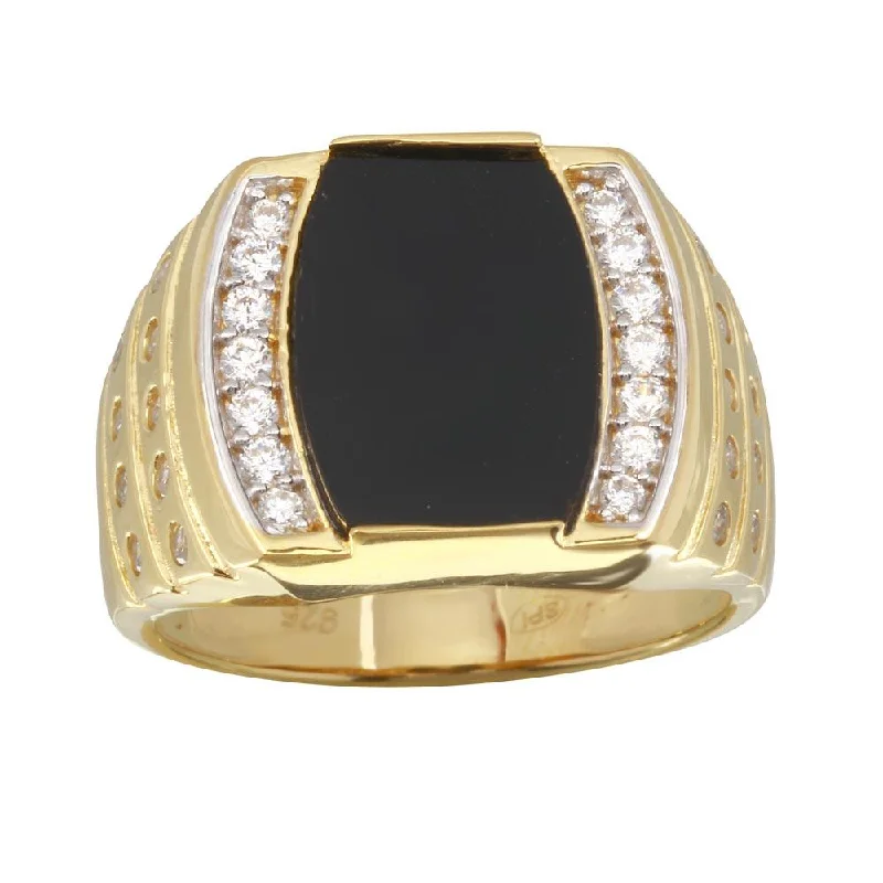 Men's Gold Plated 925 Sterling Silver Flat Oval Onyx Ring with CZ - GMR00255GR