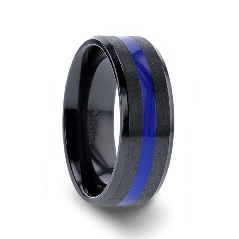 DECLAN Men’s Beveled Black Ceramic Brushed Finish Wedding Band with Polished Blue Stripe - 8mm