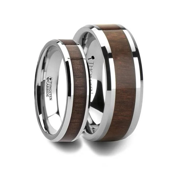 Thorsten HALIFAX Tungsten Wedding Band with Bevels and Black Walnut Wood Inlay - 4mm - 12mm