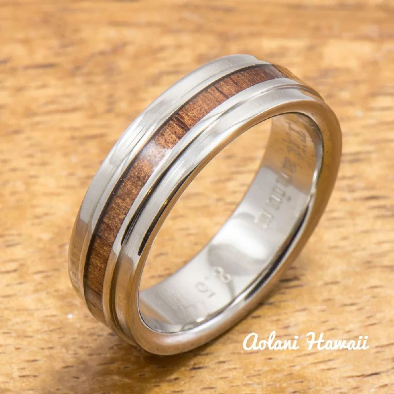 Titanium Ring with raised Hawaiian Koa Wood Inlay (6mm width,  Flat Style)