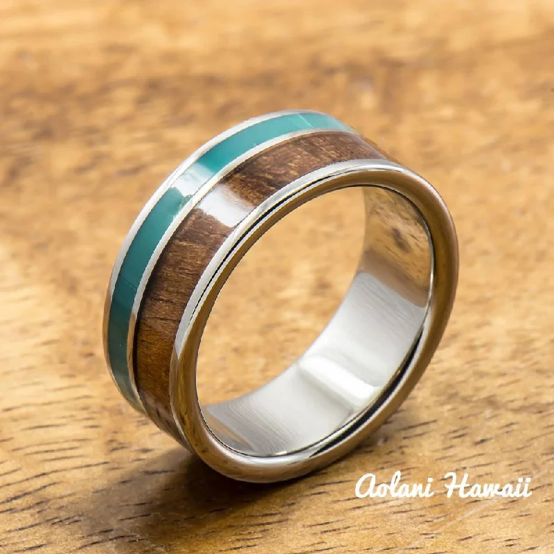 Titanium Ring with Turquoise and Hawaiian Koa Wood Inlay (8mm width,  Flat Style)