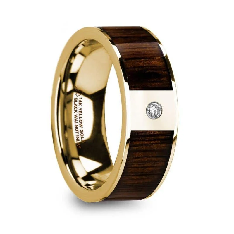 Thorsten PANTHERAS 14k Yellow Gold Men’s Wedding Band with Black Walnut Wood Inlay & Diamond - 8mm