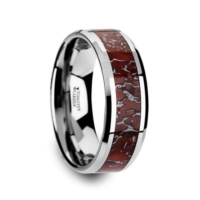 Thorsten JURASSIC Red Dinosaur Bone Inlaid Tungsten Carbide Beveled Edged Ring - 4mm & 8mm