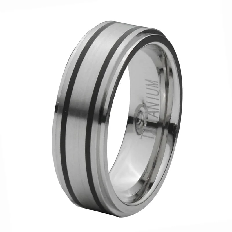 Silver Tone Titanium with Inlaid Black Rubber Band Ring