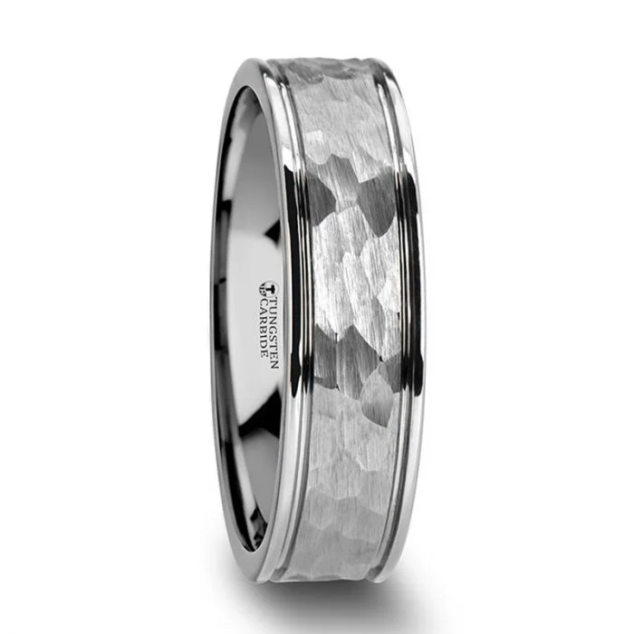 THORNTON Hammered Finish Center White Tungsten Carbide Wedding Band with Dual Offset Grooves and Polished Edges