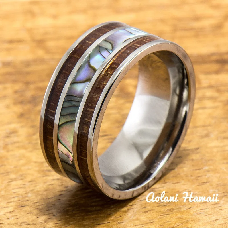 Titanium Ring with Abalone and Hawaiian Koa Wood Inlay (10mm width, Flat Style)