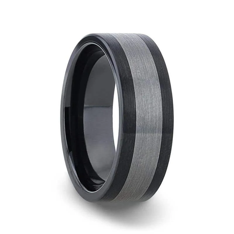 Thorsten ENDAST Ceramic Inlay Black Tungsten Wedding Band With Flat Brushed Edges - 8mm