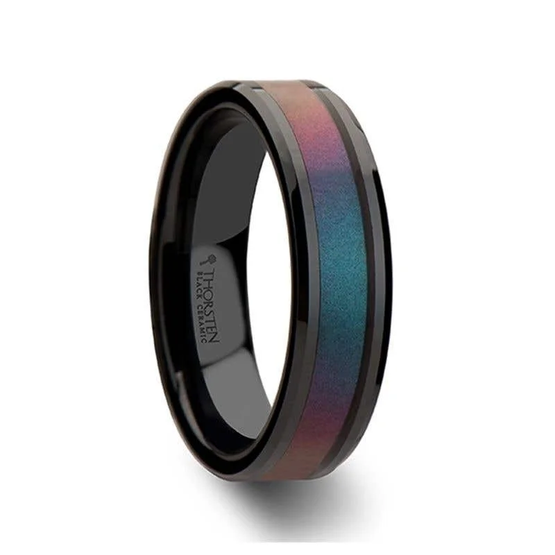 Thorsten BARRACUDA Black Ceramic Ring with Bevels and Blue-Purple Color Changing Inlay - 6mm - 10mm