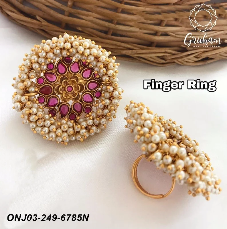 Gold Plated Adjustable Size Finger ring with Stones and Pearls 6785N