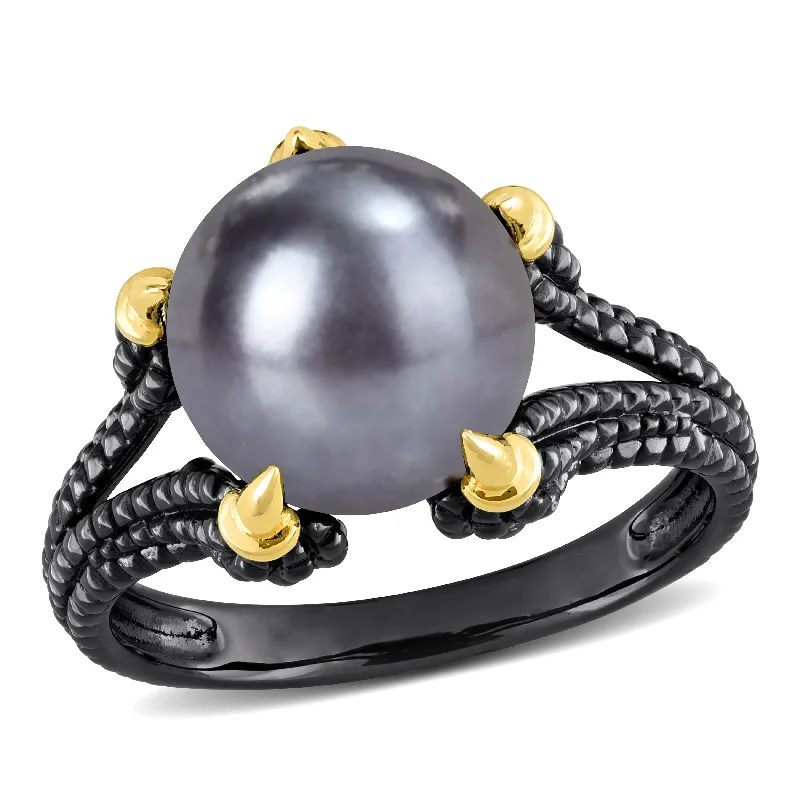 Miadora 10.5-11 mm Cultured Freshwater Pearl Split-Shank Ring in Black and Yellow Silver