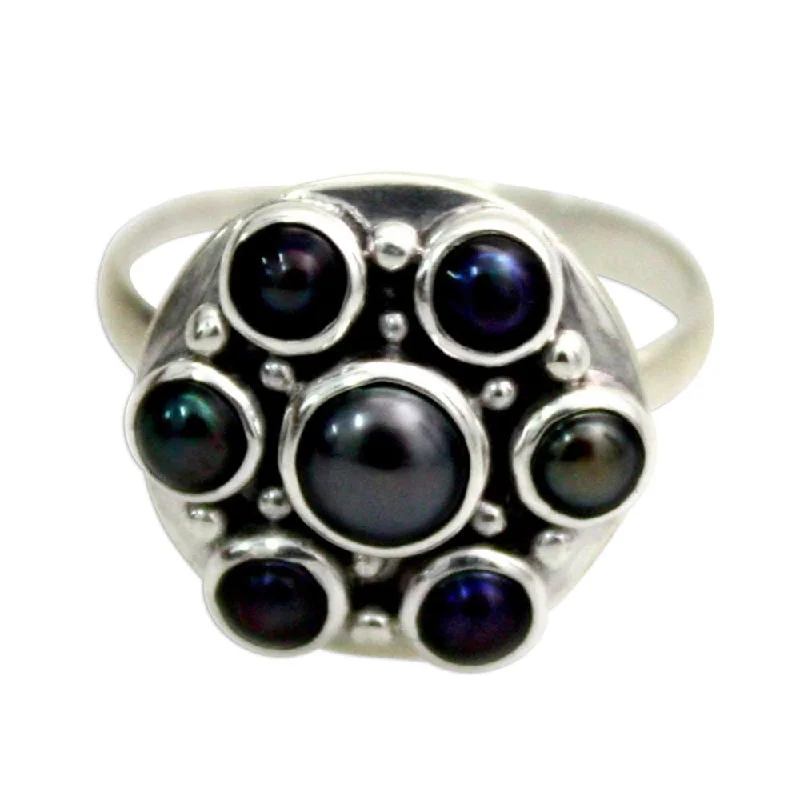 NOVICA Handmade Sterling Silver 'Black Rose' Pearl Ring (5 mm) (Indonesia)