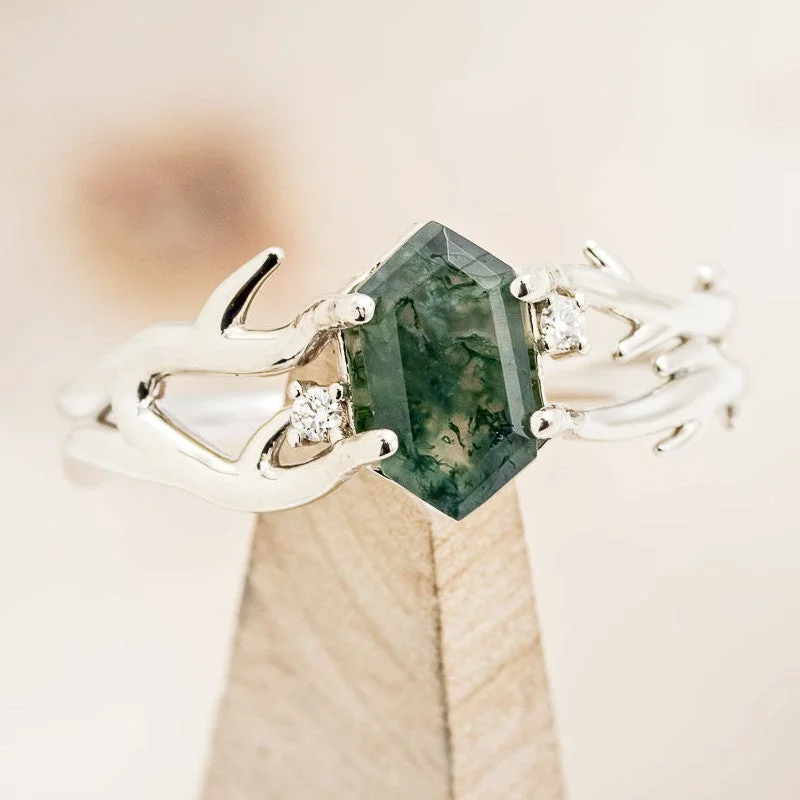 "ARTEMIS" - ELONGATED HEXAGON MOSS AGATE ENGAGEMENT RING WITH AN ANTLER STYLE BAND & DIAMOND ACCENTS