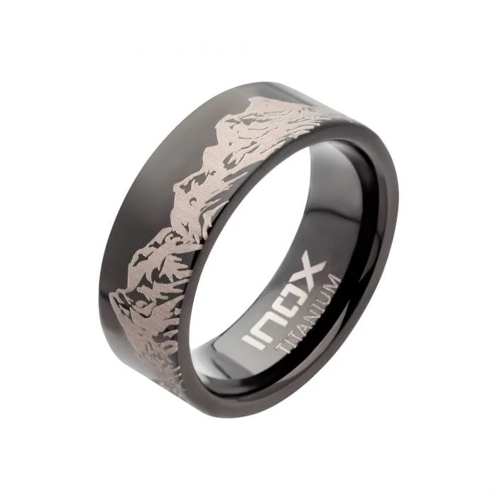 Black and Silver Tone Titanium Mountain Ridge Landscape Design Comfort Fit Ring