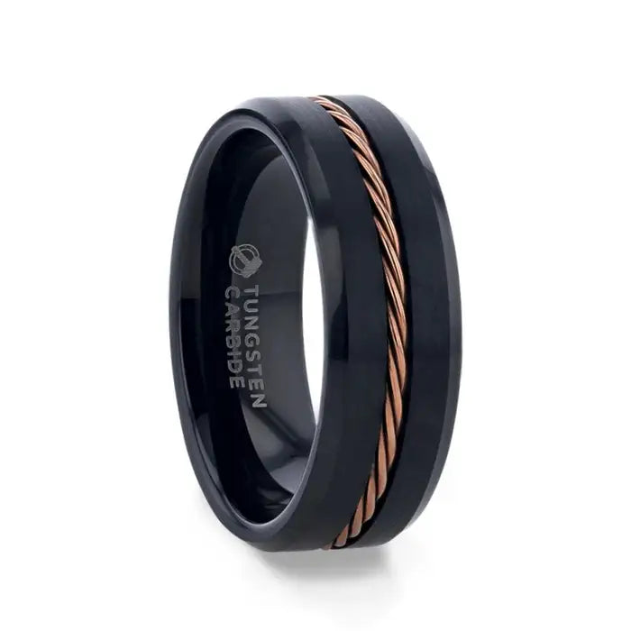 ADELARD ~ Rose Gold Braided Center Black Tungsten With Polished Beveled Edges