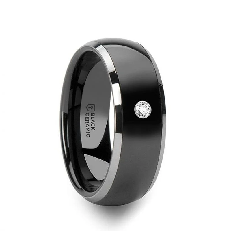 Thorsten GLENDALE Domed Black Ceramic Comfort Fit Wedding Band with Polished Tungsten Edges and White Diamond Setting - 8mm