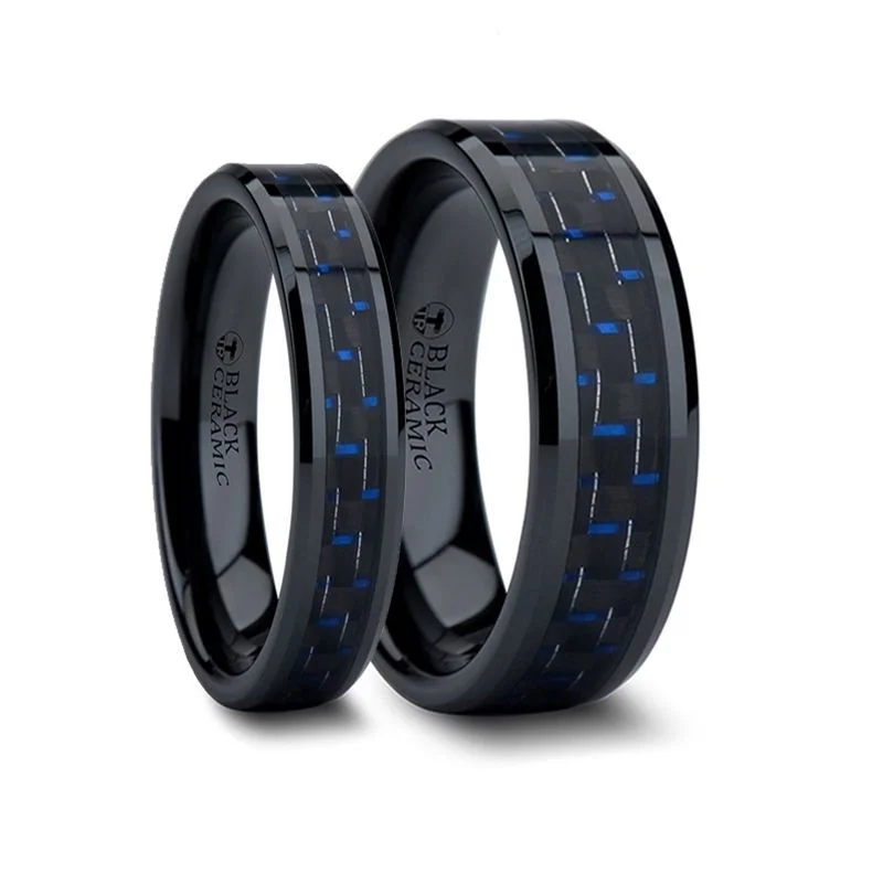 Thorsten AVITUS Black Beveled Ceramic Ring w/ Blue & Black Carbon Fiber Inlay 4-10mm