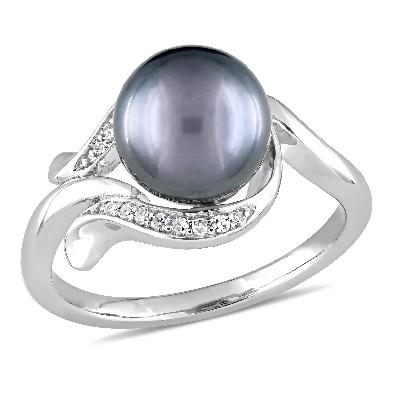 Miadora 8.5-9mm Black Tahitian Pearl and Diamond Accent Ring in 14k White Gold