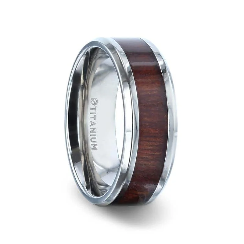 Thorsten SEQUOIA Red Wood Inlaid Titanium Flat Polished Finish Men's Wedding Ring With Beveled Edges - 8mm