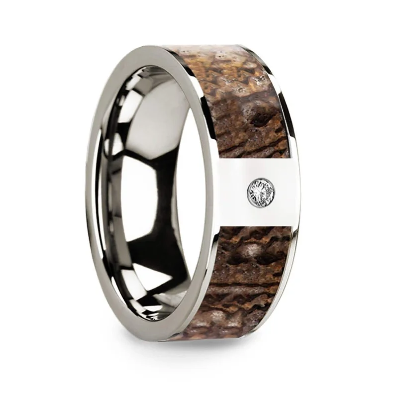 Thorsten 14k White Gold with Brown Dinosaur Inlay & White Diamond Setting - 8mm