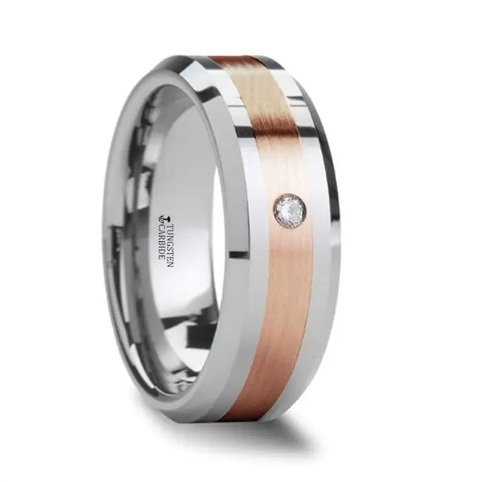 ENZO Rose Gold Inlaid Beveled Tungsten Ring with Diamond