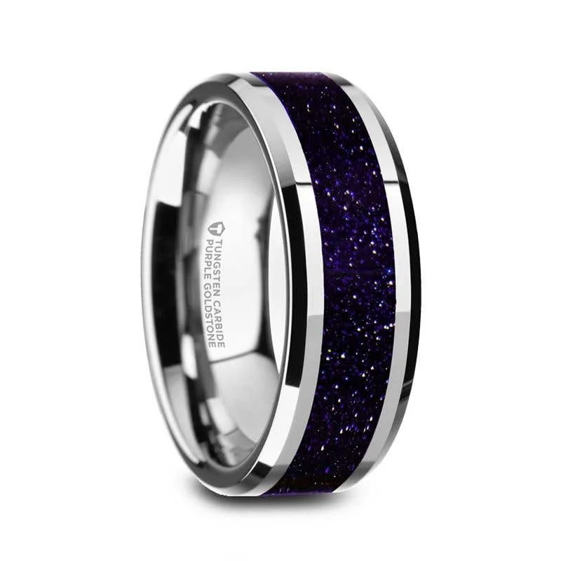 Thorsten MAKI Beveled Polished Finish Tungsten Wedding Ring with Purple Goldstone Inlay - 8mm