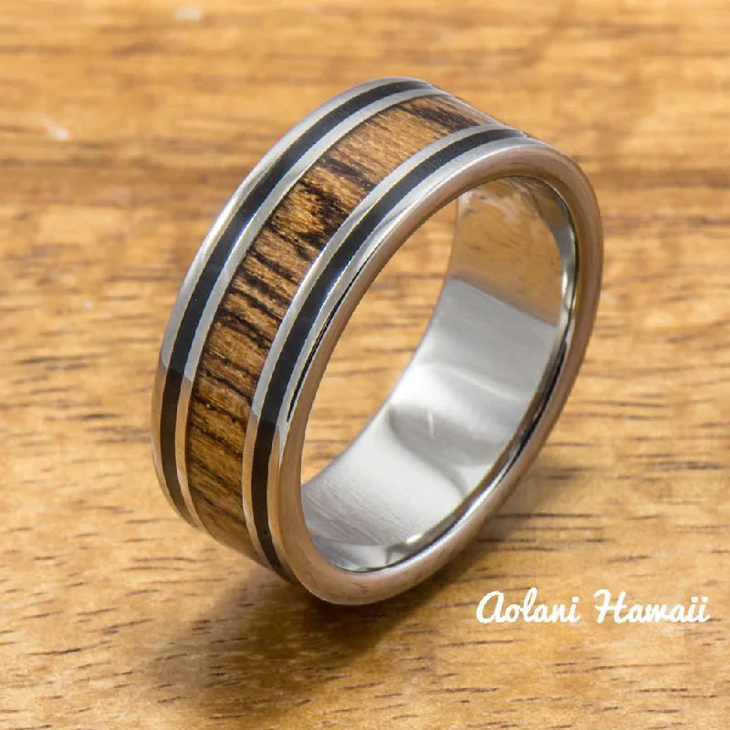 Koa Titanium Ring with Black Stripe Edge (8mm width,  Flat Style)