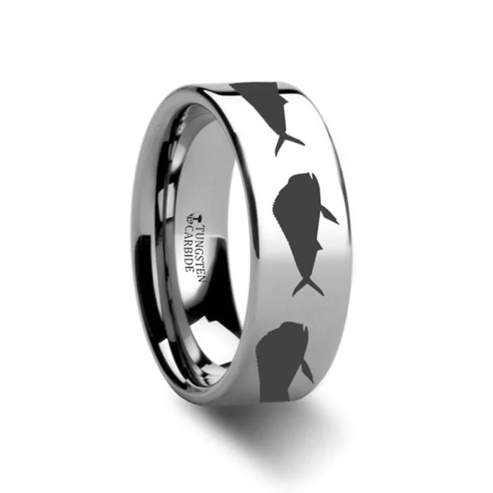 Mahi Fish Jumping Sea Print Pattern Ring Engraved Flat Tungsten Ring