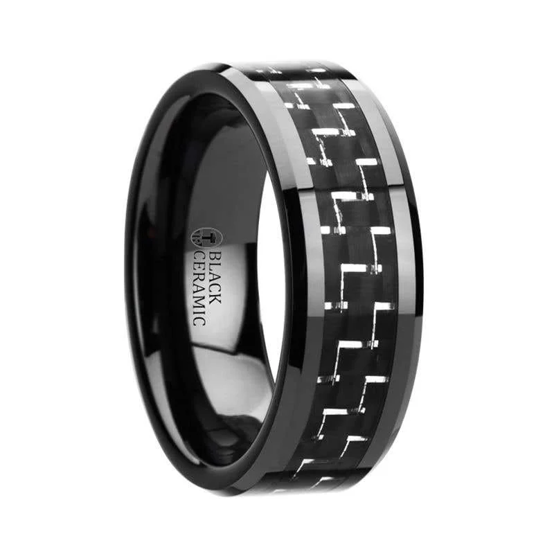 Thorsten TITAN Black Beveled Ceramic Ring with Silver & Black Carbon Fiber Inlay - 8mm