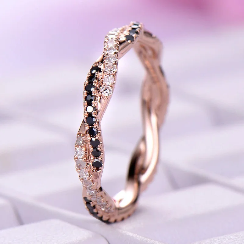 Black and White Diamond Twisted Eternity Ring 14K Gold