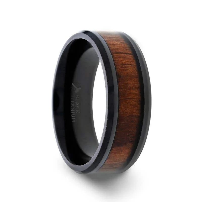 Thorsten KONY Black Titanium Polished Beveled Edges Black Walnut Wood Inlaid Men’s Wedding Ring - 6mm & 8mm