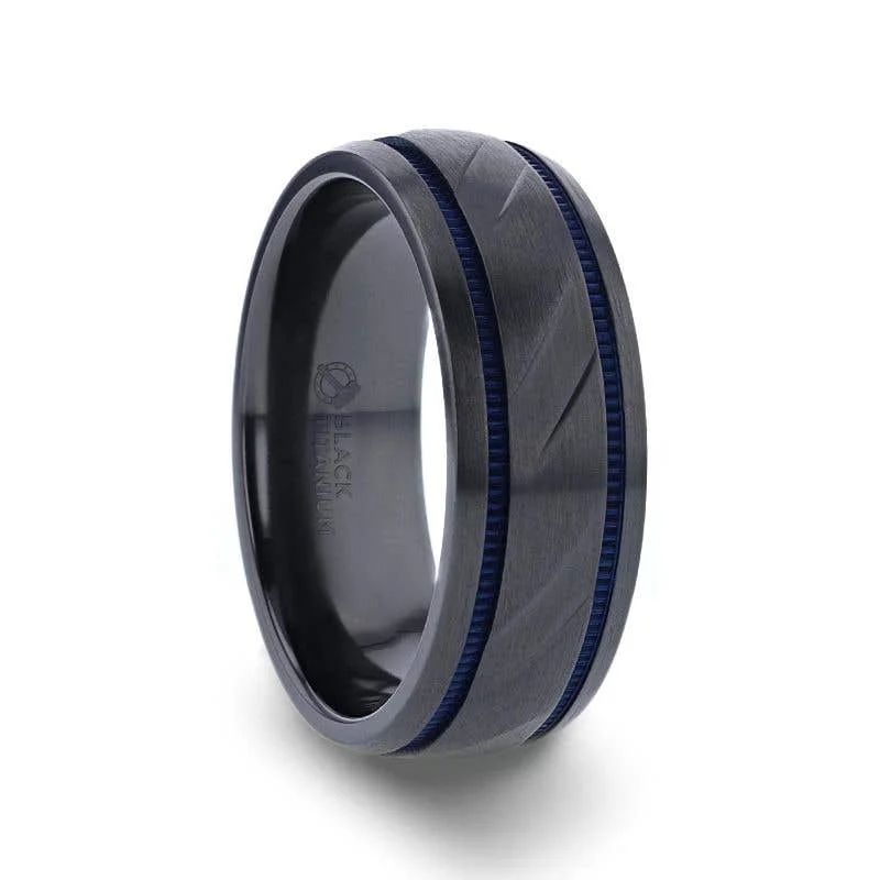 Thorsten PATROL Black Titanium Carved Diagonal Pattern Brushed Finish Men’s Wedding Ring with Blue Milgrain Grooves – 8mm