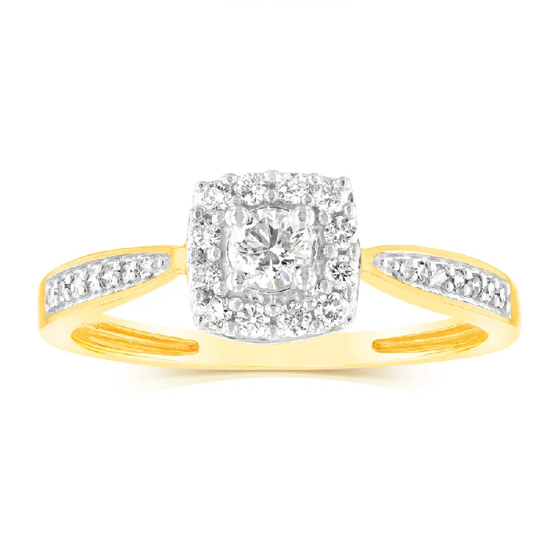 9ct Yellow Gold 1/3 Carat Diamond Halo Solitaire Ring with 12 Side Diamonds